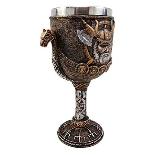  [아마존베스트]Ebros Gift Norse Mythology Valhalla Viking Odin Warlord With Dragon Longship Hull And Stern 7oz Resin Wine Goblet Chalice With Stainless Steel Liner Cup Thors Compass Vegvisir Bear