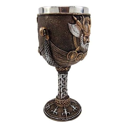  [아마존베스트]Ebros Gift Norse Mythology Valhalla Viking Odin Warlord With Dragon Longship Hull And Stern 7oz Resin Wine Goblet Chalice With Stainless Steel Liner Cup Thors Compass Vegvisir Bear