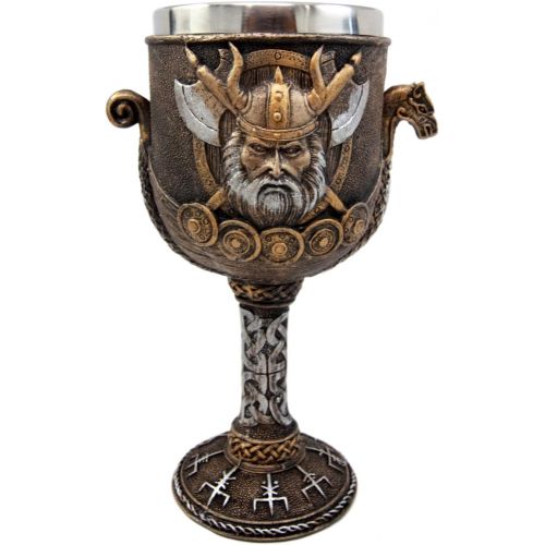  [아마존베스트]Ebros Gift Norse Mythology Valhalla Viking Odin Warlord With Dragon Longship Hull And Stern 7oz Resin Wine Goblet Chalice With Stainless Steel Liner Cup Thors Compass Vegvisir Bear