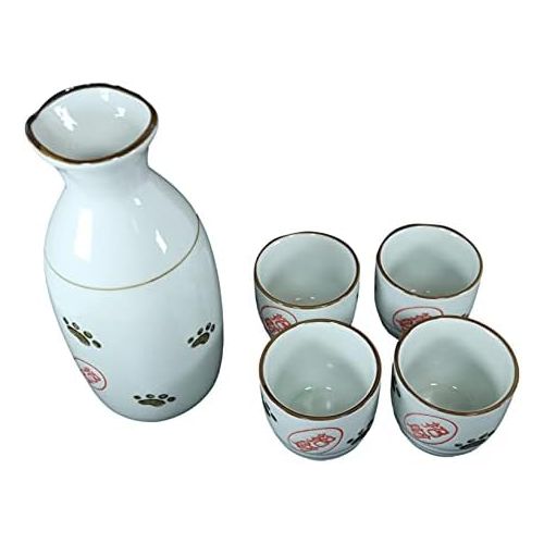  [아마존베스트]Ebros Gift Japanese Maneki Neko Lucky Charm Cat Glazed Ceramic White Sake Set Flask With Four Cups Great Asian Living Home Decor and Gift For Housewarming Special Friendship Eastern Decorativ