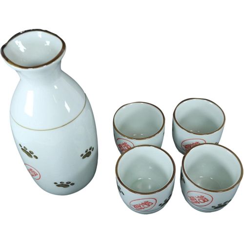  [아마존베스트]Ebros Gift Japanese Maneki Neko Lucky Charm Cat Glazed Ceramic White Sake Set Flask With Four Cups Great Asian Living Home Decor and Gift For Housewarming Special Friendship Eastern Decorativ