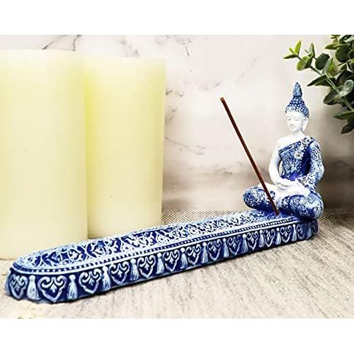  인센스스틱 Ebros Gift Thai Buddha Amitabha Meditating in Dhyana Mudra Incense Stick Holder Burner Figurine with Crystals 9.75 Long Buddhist Zen Feng Shui Vastu Home Fragrance Decor (Terracott