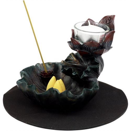  인센스스틱 Ebros Gift Feng Shui Zen Buddha Ohm Symbol Sacred Lotus Flower Cascading Tower Incense Stick and Backflow Cone Burner and Candle Holder Figurine