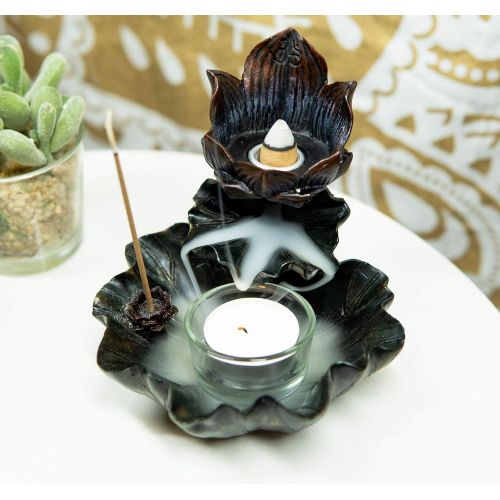  인센스스틱 Ebros Gift Feng Shui Zen Buddha Ohm Symbol Sacred Lotus Flower Cascading Tower Incense Stick and Backflow Cone Burner and Candle Holder Figurine