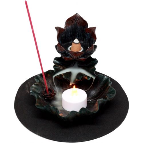  인센스스틱 Ebros Gift Feng Shui Zen Buddha Ohm Symbol Sacred Lotus Flower Cascading Tower Incense Stick and Backflow Cone Burner and Candle Holder Figurine