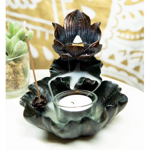  인센스스틱 Ebros Gift Feng Shui Zen Buddha Ohm Symbol Sacred Lotus Flower Cascading Tower Incense Stick and Backflow Cone Burner and Candle Holder Figurine