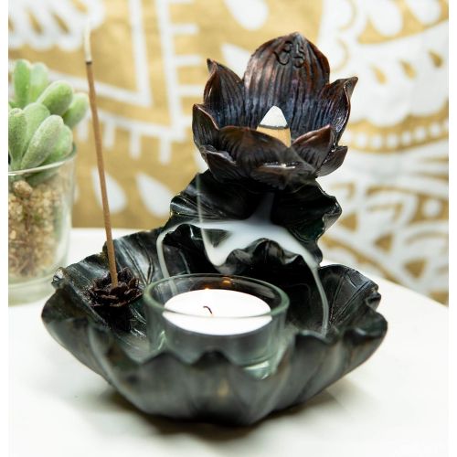  인센스스틱 Ebros Gift Feng Shui Zen Buddha Ohm Symbol Sacred Lotus Flower Cascading Tower Incense Stick and Backflow Cone Burner and Candle Holder Figurine