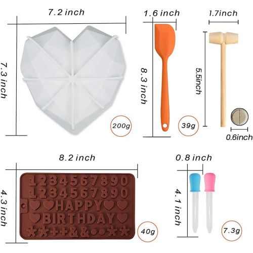  [아마존베스트]Ecam Diamond Heart Silicone Molds, Breakable Heart Molds for Chocolate, Baking Pan Set with Chocolate Letter Molds, Droppers&Scrapers, Non-Sticky Cake Mold