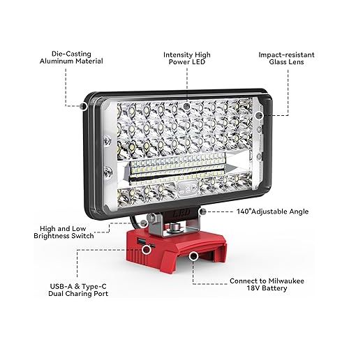  LED Work Light for Milwaukee m18 18v Battery, Ecarke 7'' 68W Cordless Work Light 6800 Lumens of Brightness with with Low Voltage Protection&USB & Type-C Charger Port for car Repairing（Bare Tool Only）
