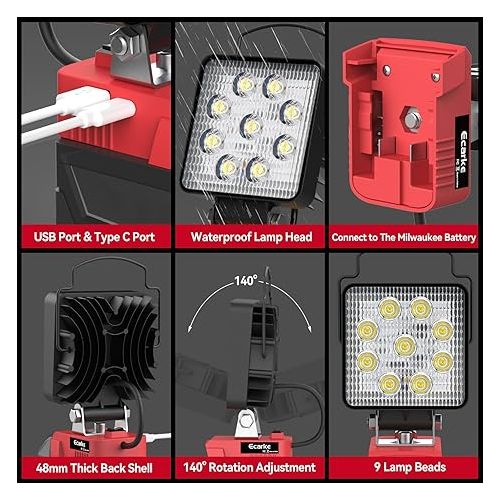  LED Work Light for Milwaukee M18,Ecarke Square 27w Cordless LED Flood Work Lights,18V Lithium Battery Light with Low Voltage Protection & USB&Type-C Charging Port（Upgraded ）
