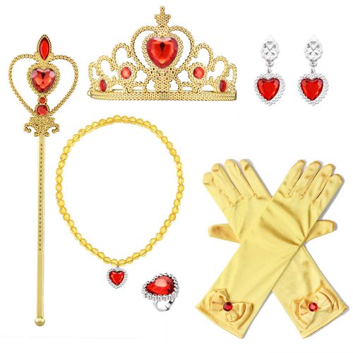  Eccoo House Princess Dress Up Accessories Gift Set for Belle Crown Scepter Necklace Earrings Ring Gloves Yellow 6 Pieces