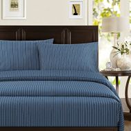 Echelon Home Pinstripe Cotton Sateen Sheet Set, King, Blue