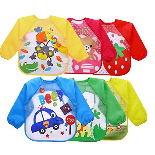  [아마존베스트]EchoDone 6 Packs Waterproof Childrens Art Smock Kids Painting Aprons Long Sleeve Baby Smock for Eating 1-4 Years