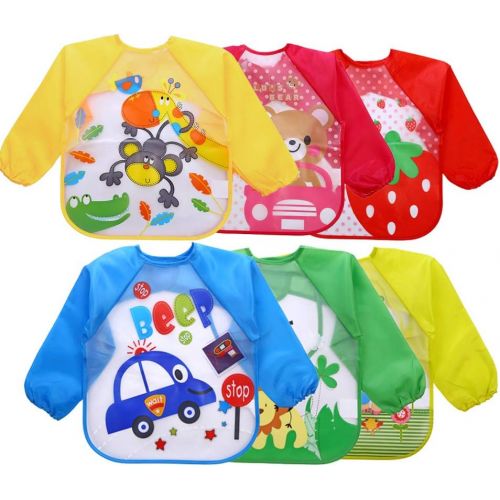  [아마존베스트]EchoDone 6 Packs Waterproof Childrens Art Smock Kids Painting Aprons Long Sleeve Baby Smock for Eating 1-4 Years