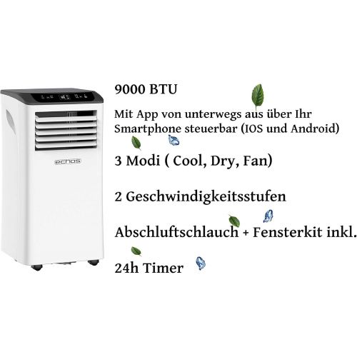  [아마존베스트]Echos 3in1 Mobile Air Conditioning Unit, 9000 BTU, 24 Hour Timer, Window Kit with Remote Control, Night Mode, 2 Speed Levels, Air Cooler, Fan