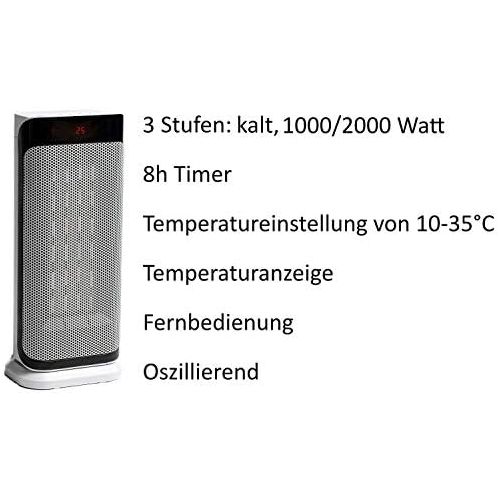  [아마존베스트]Echos Ceramic Fan Heater | 3 Levels Cold 1000 2000 Watt | Oscillating | 8 h Timer | Remote Control | Temperature Display | Temperature Setting from 10 - 35 °C | Heater | Electric Heater