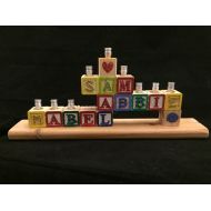 EclecticJudaica Wooden Blocks Name Menorah Personalized Kids Child Baby Siblings Judaica Rhinestone Sparkle Toy Jewish Hanukkah Custom Order