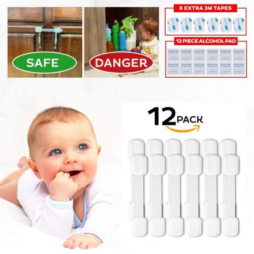  [아마존베스트]Child Safety Strap Locks (12 Pack) for Fridge, Cabinets, Drawers, Dishwasher, Toilet, 3M Adhesive No Drilling - by Eco-Baby