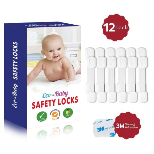  [아마존베스트]Child Safety Strap Locks (12 Pack) for Fridge, Cabinets, Drawers, Dishwasher, Toilet, 3M Adhesive No Drilling - by Eco-Baby