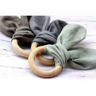 /EcoBabyShop TEETHING RING TOY Linen Wooden Natural Ecological Montessori Baby Toddler Boy Shower Gift Organic Bunny Ears Safe Game Pure Linen Gray Green