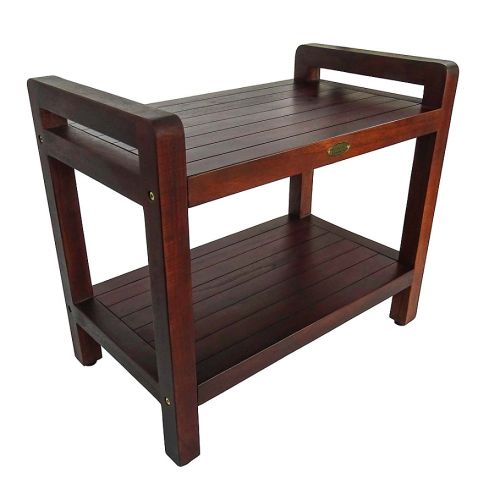  EcoDecors Classic 24-Inch Teak Shower Bench with Shelf and Arms in Brown