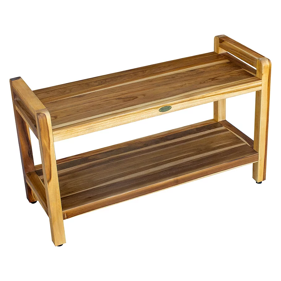  EcoDecors Classic 35-Inch Teak Shower Bench with Shelf and Arms in Natural