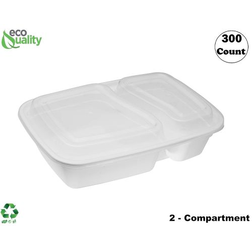  EcoQuality Meal Prep Containers [300Pack] White 2 Compartment with Lids, Food Storage Bento Box, Microwavable, Disposable, Stir Fry | Lunch Boxes | BPA Free | Freezer/Dishwasher Sa