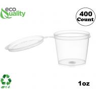 EcoQuality [400 Pack] 1 Oz Leak Proof Plastic Condiment Souffle Containers with Attached Lids - Portion Cup with Hinged Lid Perfect for Sauces, Samples, Slime, Jello Shot, Food Sto