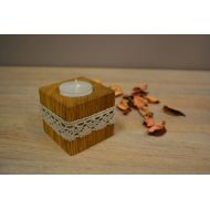 EcoartFactory Tea light holder, Candle holder, Wooden candle holder, Tea candle holder, Wood and Lace candle holder, Oak brushed