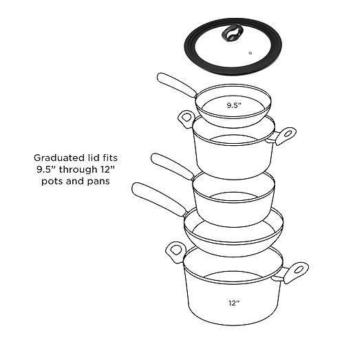  Ecolution Universal Lid for Pots and Pans, Fits 9.5-Inch to 12-Inch Cookware, Tempered Glass Replacement Lid with Heat Resistant Silicone Edge, Dishwasher Safe, Made without BPA, Large, Black