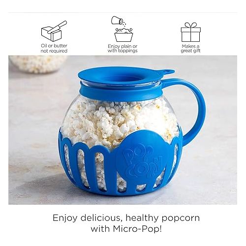  Ecolution Patented Micro-Pop Microwave Popcorn Popper with Temperature Safe Glass, 3-in-1 Lid Measures Kernels and Melts Butter, Made Without BPA, Dishwasher Safe, 3-Quart, Blue