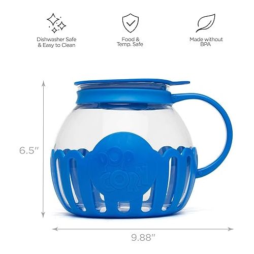  Ecolution Patented Micro-Pop Microwave Popcorn Popper with Temperature Safe Glass, 3-in-1 Lid Measures Kernels and Melts Butter, Made Without BPA, Dishwasher Safe, 3-Quart, Blue