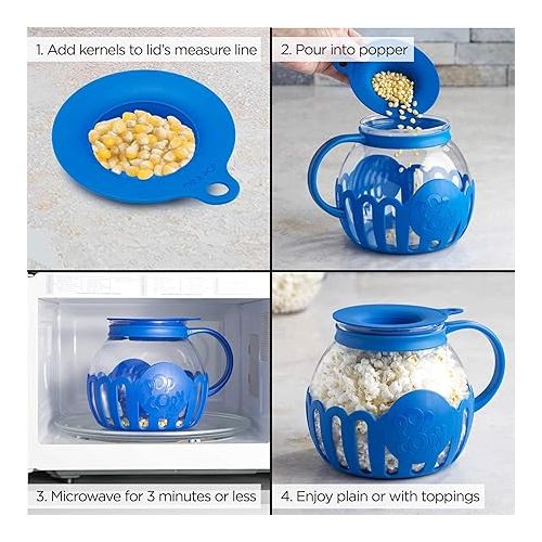  Ecolution Patented Micro-Pop Microwave Popcorn Popper with Temperature Safe Glass, 3-in-1 Lid Measures Kernels and Melts Butter, Made Without BPA, Dishwasher Safe, 3-Quart, Blue