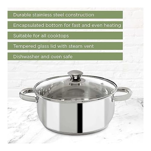  Ecolution Stainless Steel Stock Pot with Encapsulated Bottom Matching Tempered Glass Steam Vented Lids, Made Without PFOA, Dishwasher Safe, 5-Quart, Silver