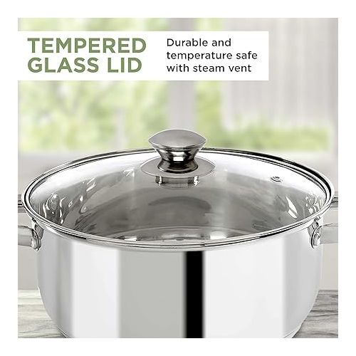  Ecolution Stainless Steel Stock Pot with Encapsulated Bottom Matching Tempered Glass Steam Vented Lids, Made Without PFOA, Dishwasher Safe, 5-Quart, Silver