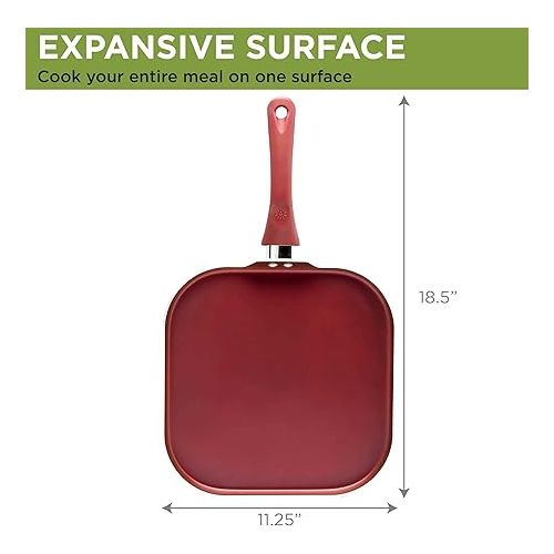  Ecolution Nonstick Square Griddle Pan, Dishwasher Safe, Silicone Handle, Specialty Cookware for Family, 11-Inch, Red