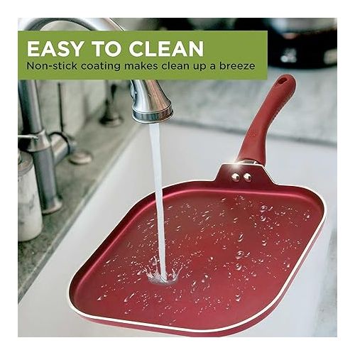  Ecolution Nonstick Square Griddle Pan, Dishwasher Safe, Silicone Handle, Specialty Cookware for Family, 11-Inch, Red