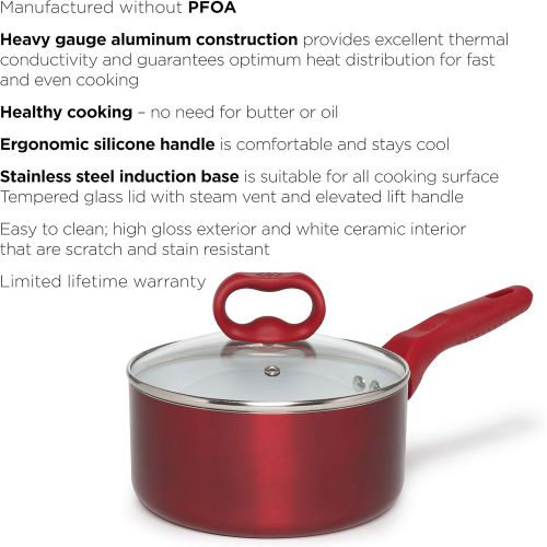  [아마존베스트]Ecolution Bliss Ceramic Nonstick Saucepan with Lid - 2 Quart - Induction Stainless Steel Base Pot, Red