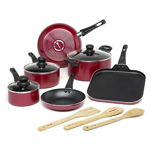  Ecolution Easy Clean Nonstick Cookware Set, Dishwasher Safe Kitchen Pots and Pans Set, Comfort Grip Handle, Even Heating, Ultimate Food Release, 12-Piece, Red