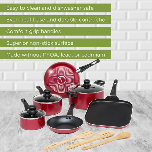  Ecolution Easy Clean Nonstick Cookware Set, Dishwasher Safe Kitchen Pots and Pans Set, Comfort Grip Handle, Even Heating, Ultimate Food Release, 12-Piece, Red