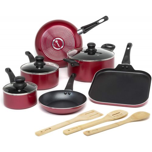  Ecolution Easy Clean Nonstick Cookware Set, Dishwasher Safe Kitchen Pots and Pans Set, Comfort Grip Handle, Even Heating, Ultimate Food Release, 12-Piece, Red