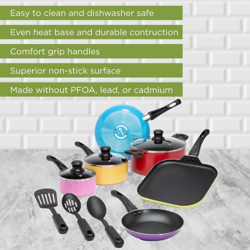  Ecolution Easy Clean Nonstick Cookware Set, Dishwasher Safe Kitchen Pots and Pans Set, Comfort Grip Handle, Even Heating, Ultimate Food Release, 12-Piece, Multicolor