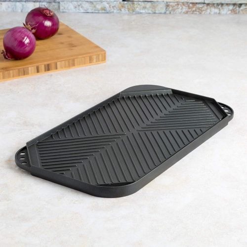  Ecolution Reversible 19.5” x 11, Non-Stick, Dishwasher Safe, Double Burner Family Griddle Grill Pan Cookware, Cast Aluminum, Black