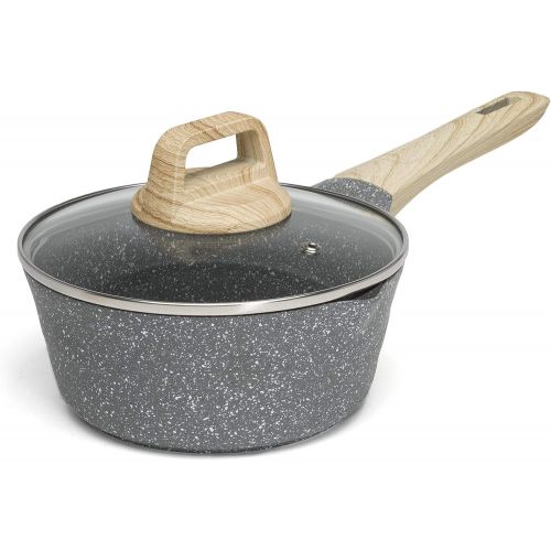  [아마존베스트]Ecolution Farmhouse Cast Aluminum Speckle Coated Saucepan with Ergonomic Wood Look Handle, Dishwasher Safe, Durable Non-Stick, 1.6 Quart, Black