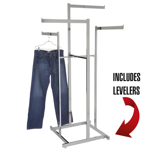  Econoco Clothing Rack  Chrome 4 Way Rack, High-Capacity, Blade Arms, Square Tubing, Perfect for Clothing Store Display With 4 Straight Arms 22” Length