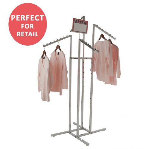  Econoco Clothing Rack  Heavy Duty Chrome 4 Way Rack, Adjustable Arms, Square Tubing, Perfect for Clothing Store Display With 4 Slanted Arms
