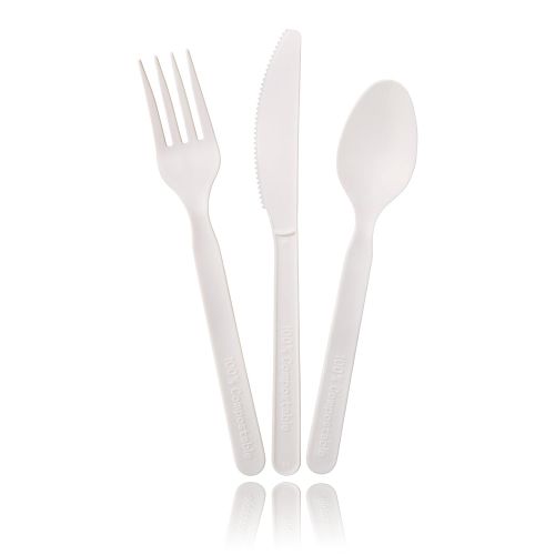  Ecovita 100% Compostable Forks Spoons Knives Cutlery Combo Set - 380 Large Disposable Utensils (7 in.) Eco Friendly Durable and Heat Resistant Plastic Cutlery Alternative with Convenient T