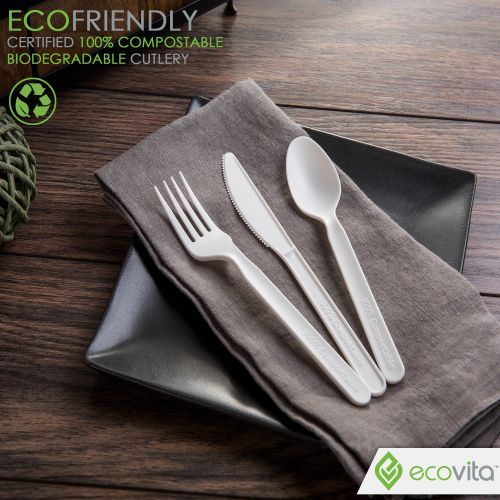  Ecovita 100% Compostable Forks Spoons Knives Cutlery Combo Set - 380 Large Disposable Utensils (7 in.) Eco Friendly Durable and Heat Resistant Plastic Cutlery Alternative with Convenient T