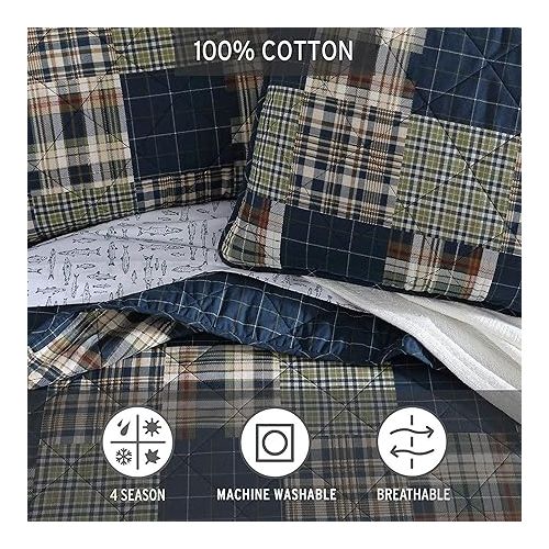  Eddie Bauer- King Quilt Set, Cotton Reversible Bedding Set, All Season Lodge Home Decor (Madrona Plaid Navy, King)