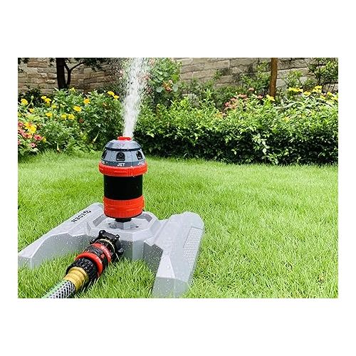  Eden 96122 Metal Adjustable 6-Pattern Mobile Rotary Gear Drive Garden Sprinkler for Yard W/Quick Connect Starter Set, Waters up to 80 ft. in Diameter